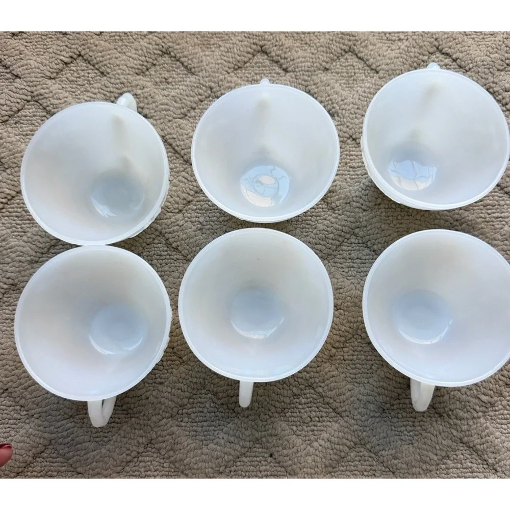 6 White Punch Cups Anchor Hocking Milk Glass Grape Pattern